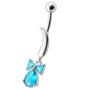 Silver Jeweled Bow Design Navel Ring Body Jewelry - Aqua