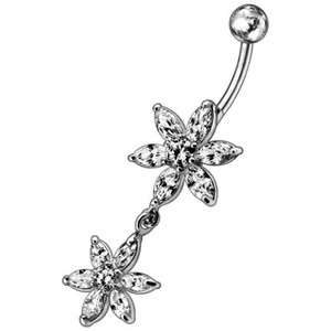 Silver Jeweled Flower Dangling SS Curved Belly Ring - Clear