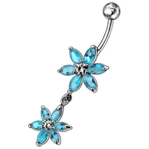 Silver Jeweled Flower Dangling SS Curved Belly Ring - Aqua