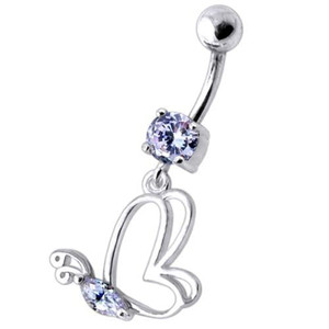 Silver Jeweled Butterfly Dangling With SS Banana bar Navel Body Jewelry Ring - Lavender