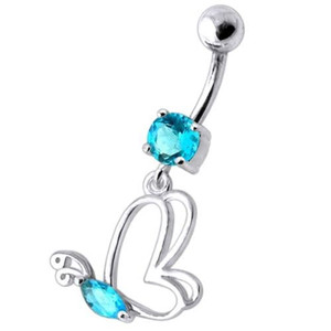 Silver Jeweled Butterfly Dangling With SS Banana bar Navel Body Jewelry Ring - Aqua