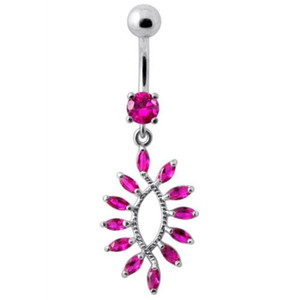 Silver Jeweled Dangling SS Curved Bar Belly Ring Body Jewelry - Red