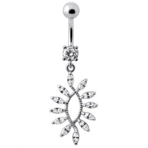 Silver Jeweled Dangling SS Curved Bar Belly Ring Body Jewelry - Clear