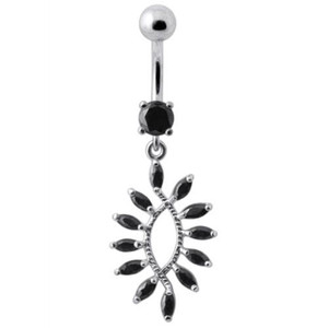 Silver Jeweled Dangling SS Curved Bar Belly Ring Body Jewelry - Black