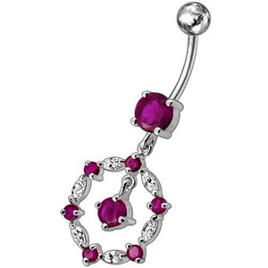 Silver New Fancy Circle Jeweled Dangling Navel Banana Bar Ring - Red