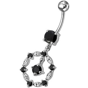 Silver New Fancy Circle Jeweled Dangling Navel Banana Bar Ring - Black