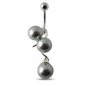 Silver With SS Bar Pearl Navel Ring - Grey