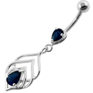 Tear Drop Jewel in Lotus Leaf Belly Button Ring - Dark Blue