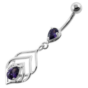 Tear Drop Jewel in Lotus Leaf Belly Button Ring - Purple