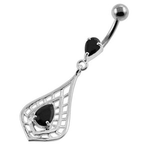 Tear Shape Cut out with Tear Gem Navel Belly Button Piercing - Black
