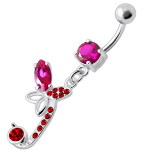 Sterling Silver Fancy Butterfly Jeweled Dangling Curved Bar Belly Ring - Red