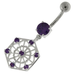 Sterling Silver Jeweled Hexagon Cut out Navel Bar - Purple