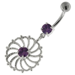 Sterling Silver center Jeweled Swirl Cut out Navel Bar - Purple