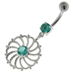Sterling Silver center Jeweled Swirl Cut out Navel Bar - Aqua
