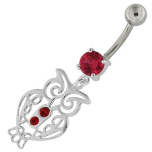 Sterling Silver Jeweled Owl Navel Belly Button Bar - Red