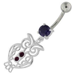 Sterling Silver Jeweled Owl Navel Belly Button Bar - Purple