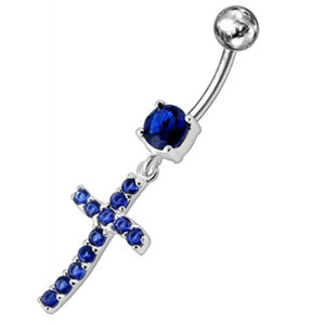 Sterling silver Jeweled Cross Dangling Navel Ring - Dark Blue