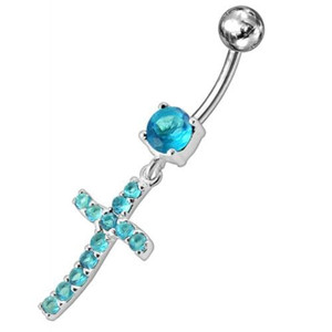 Sterling silver Jeweled Cross Dangling Navel Ring - Aqua