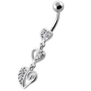 Trible Heart Jeweled Dangling Navel Belly Ring - Clear