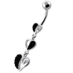 Trible Heart Jeweled Dangling Navel Belly Ring - Black