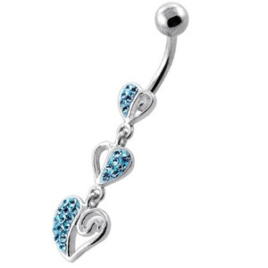 Trible Heart Jeweled Dangling Navel Belly Ring - Aqua