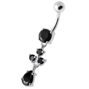 Tri Round Jeweled Dangling Silver Belly Bar - Black