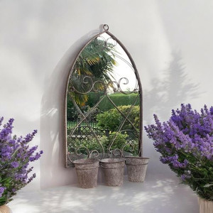 73CM RUSTY WALL MIRROR WITH TRIPLE PLANTER