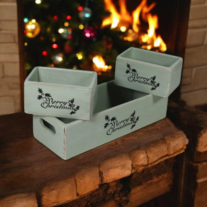 34/15/15CM SET 3 RUSTIC GREEN WOODEN BOXES
