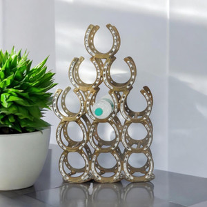65CM ANTIQUE BRASS HORSESHOE 12 BOTTLE WINE RACK