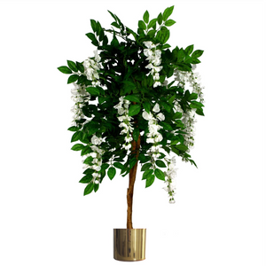 130cm Luxury Artificial Wisteria Tree White Flowers - Premium Range Gold Metal Planter