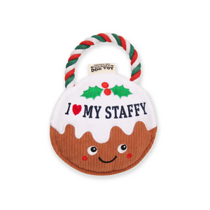 Pre-personalised Christmas Pudding Squeaky Dog Toy Gift - I love my Staffy