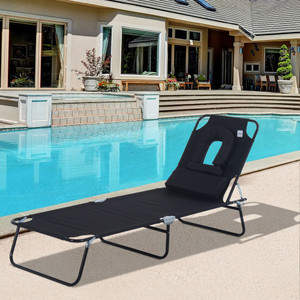 Folding Sun Lounger Reclining Chair w/ Pillow Reading Hole - Black