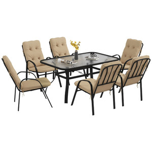 Outsunny 7 PCs Garden Dining Set, Glass Table w/ Umbrella Hole & Cushion, Beige - Beige