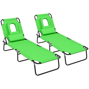 Outsunny Folding Sun Lounger Set of 2 Reclining Chair with Reading Hole Beige - Green
