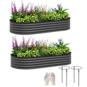 Outsunny Set of 2 Raised Beds for Garden with Metal Plant Stakes, Dark Grey