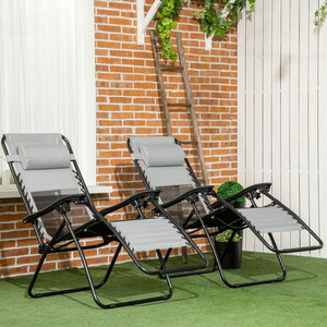Foldable Garden Recliner Chair Set of 2 w/ Footstool & Headrest, Grey