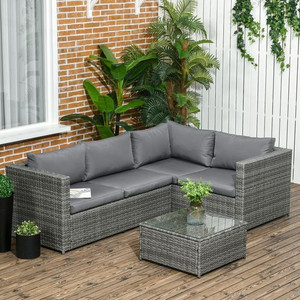 Outsunny 3Pcs Rattan Corner Sofa Set Coffee Table Garden Furniture w/ Cushion