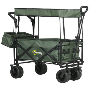 Outsunny Outdoor Push Pull Wagon Stroller Cart with Canopy Top - Green