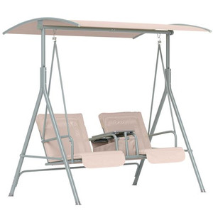 Outsunny 2 Person Covered Patio Swing with Pivot Table & Storage Console Beige