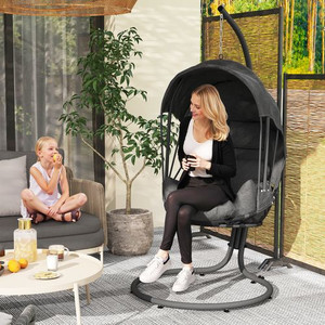 Outsunny Hanging Egg Chair w/ Stand Retractable Canopy, Grey