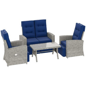 Outsunny 4 Piece Rattan Garden Furniture Set with Sofa, Glass Table, Blue