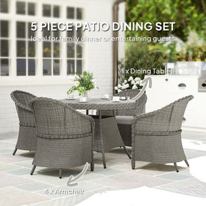Outsunny Rattan Dining Set for 4 with Cushions and Umbrella Hole, Grey