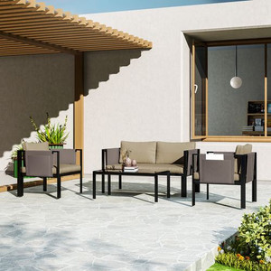 Outsunny 4 Piece Garden Sofa Set w/ Tempered Glass Coffee Table Khaki