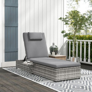 Outsunny Rattan Lounger with Cushion, 5-Level Reclining Rattan Sun Lounger, Grey