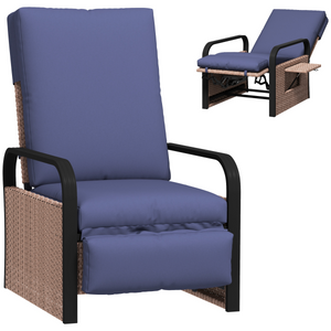 Outsunny Rattan Garden Recliner Chair Sun Lounger w/ Side Tray - Brown/Blue