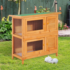 PawHut 2-Tier Double Decker Wooden Rabbit Hutch Pet Cage Guinea Pig Hutch with Sliding Tray Opening Top
