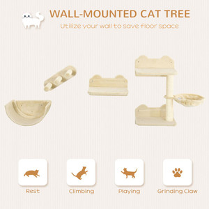 PawHut 4PCs Wall Mounted Cat Tree Cat Wall Shelves Furniture Climbing Shelf Set Kitten Activity Centre with Hammock, Scratching Post - Beige