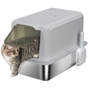 PawHut Stainless Steel Cat Litter Box with Removable Lid, Scoop - Grey