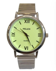 Pelex Mens Big Roman number Silver Case Night Glow Dial Silver Bracelet Strap Quartz Watch