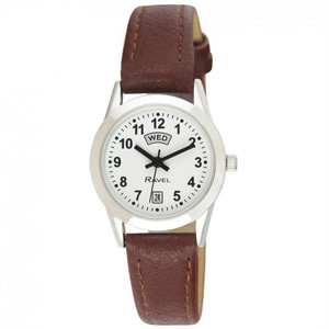 Ravel Womens Stainless Steel Day/Date Brown Faux Leather Strap Watch R0706.41.2